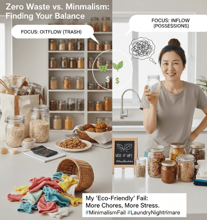 A collage showing practical, budget-friendly Zero Waste and Minimalist tips for busy people, including using repurposed jars for storage, making DIY cleaners, and a woman calmly skipping a bag in a store to avoid unnecessary consumption.