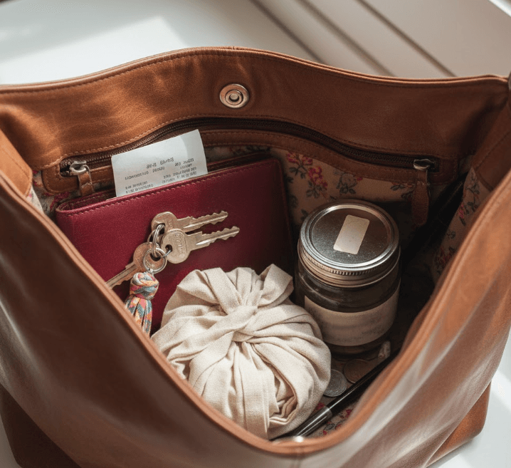 An overhead shot looking inside a casual women's handbag (40s style). Visible items inside include a wallet, keys, a small, tightly folded cloth shopping bag, and a small (approx. 200ml) re-used glass food jar (like a jam or sauce jar). The photo should look realistic and un-staged.