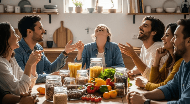 A diverse group of friends laughing together around a kitchen table filled with fresh produce and eco-friendly glass containers.