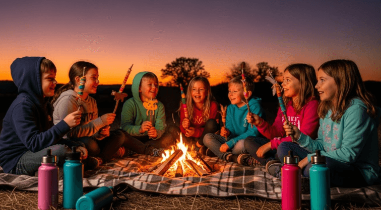 Children sitting in a circle around a campfire at dusk, holding handmade stick crafts and laughing, with reusable water bottles scattered on a blanket nearby