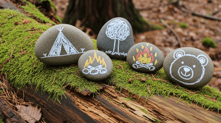 A collection of river stones with simple chalk drawings—a tent, a tree, a campfire, a bear—arranged on a log