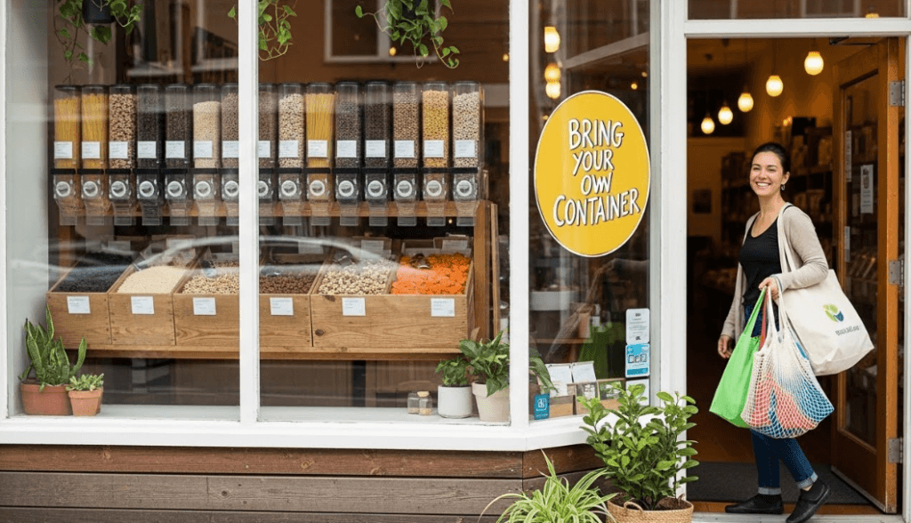  A welcoming zero waste market storefront with wooden bins visible through large windows, a cheerful "Bring Your Own Container" sign by the door, and a customer entering with reusable bags]