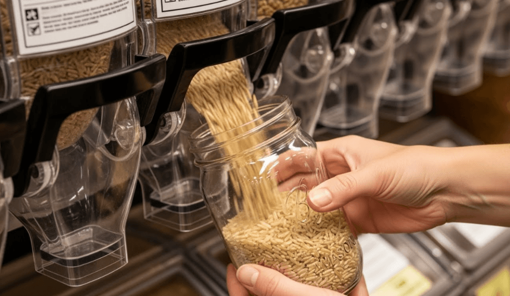 Close-up of hands holding a clean mason jar under a bulk bin dispenser, filling it with brown rice, with laminated instructions visible on the bin