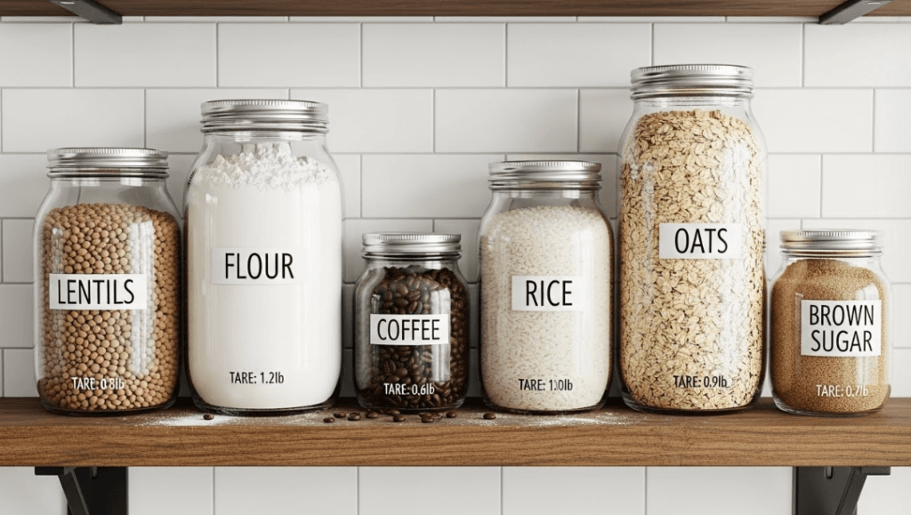 A kitchen shelf with six labeled glass jars containing different dry goods—lentils, flour, coffee beans—all with tare weight written on the bottom in black marker