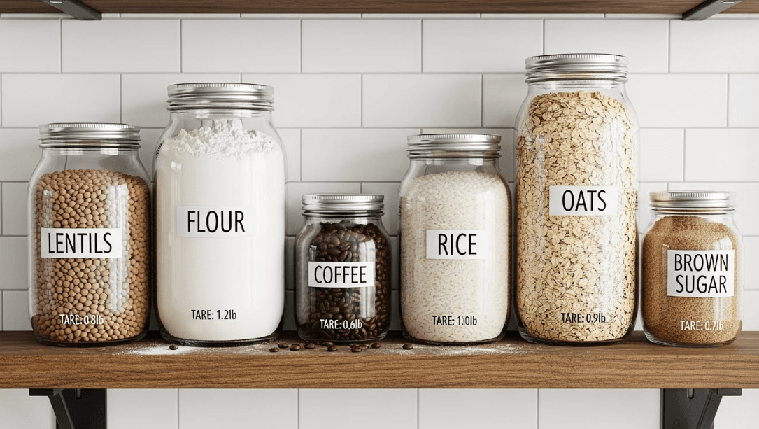 A kitchen shelf with six labeled glass jars containing different dry goods—lentils, flour, coffee beans—all with tare weight written on the bottom in black marker