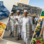 A collage showing a Japanese furoshiki cloth wrapping a bento box, Indian dabbawalas carrying stacked metal tiffins, and a European woman with a woven shopping basket at a farmer's market