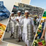 A collage showing a Japanese furoshiki cloth wrapping a bento box, Indian dabbawalas carrying stacked metal tiffins, and a European woman with a woven shopping basket at a farmer's market