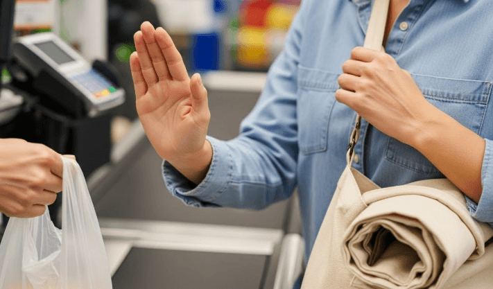 A close-up of hands politely declining a plastic bag at a checkout counter, with a canvas tote already visible on the customer's shoulder