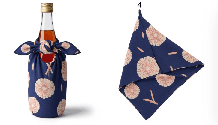 Step-by-step illustration of wrapping a wine bottle in a colorful furoshiki cloth, showing the simple knot technique