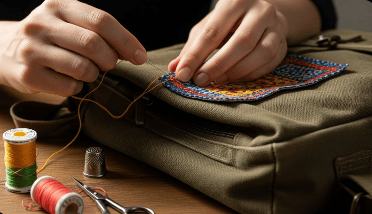 Hands carefully stitching a patch onto a well-worn canvas backpack, with a needle, thread, and colorful fabric patch visible on a wooden table