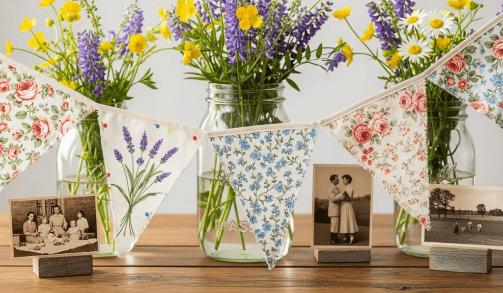 Close-up of DIY fabric bunting made from vintage floral fabric, with mason jar centerpieces filled with wildflowers and vintage photo displays