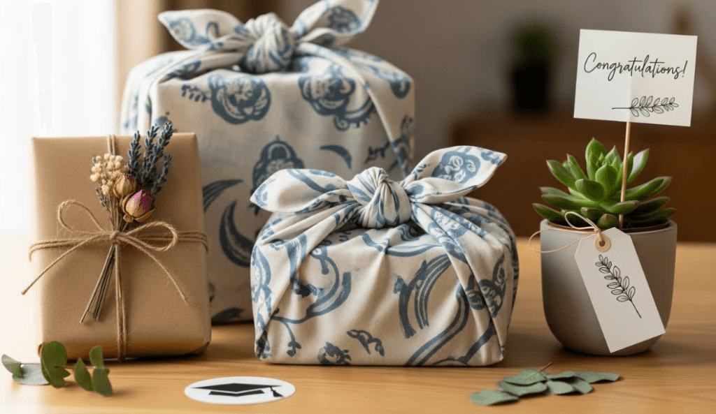 Graduation gifts wrapped in reusable fabric furoshiki style, brown paper with dried flowers, and a potted succulent with a congratulations tag