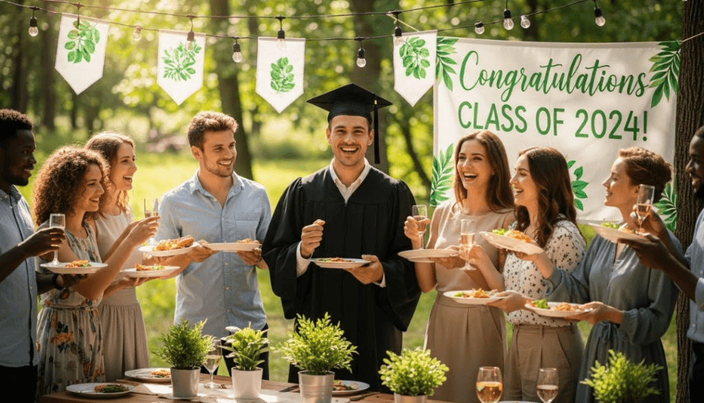 Happy graduate in cap and gown surrounded by friends at sustainable party, everyone holding real plates and glasses, natural outdoor setting with reusable decorations