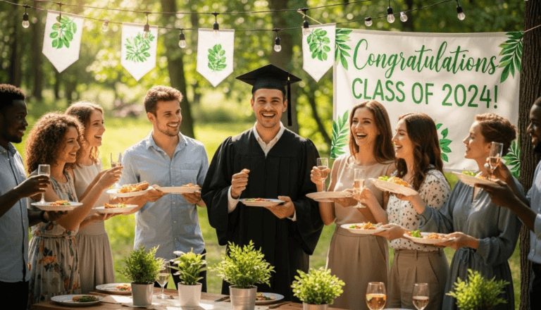 Happy graduate in cap and gown surrounded by friends at sustainable party, everyone holding real plates and glasses, natural outdoor setting with reusable decorations