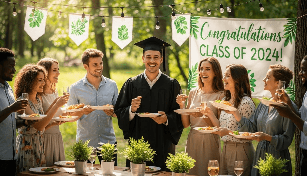 Happy graduate in cap and gown surrounded by friends at sustainable party, everyone holding real plates and glasses, natural outdoor setting with reusable decorations