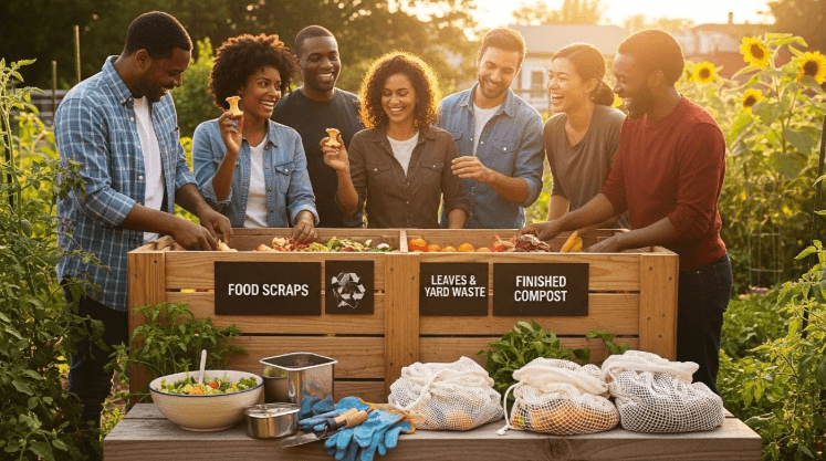 A diverse group of neighbors gathered around a community composting station, laughing while sorting food scraps into clearly labeled bins, with reusable containers and mesh bags visible in the foreground, golden hour lighting creating a warm, welcoming atmosphere