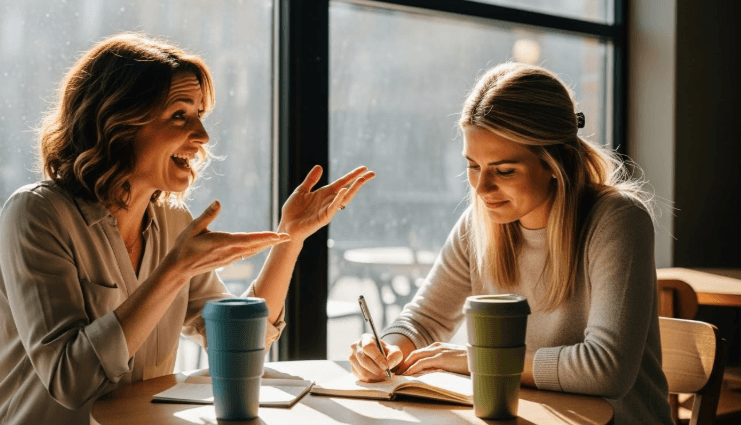 Two women sitting at a café table with reusable coffee cups, one gesturing enthusiastically while the other takes notes in a small notebook, sunlight streaming through large windows, visible excitement in their body language