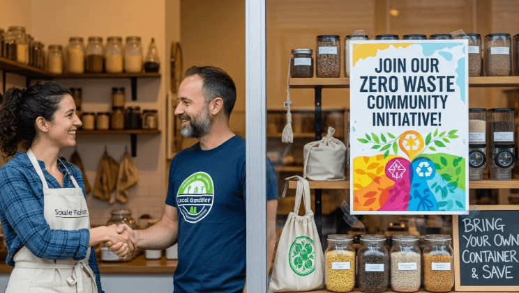 A small business owner and community organizer shaking hands in front of a café window displaying a poster about a community zero waste initiative, both smiling, visible reusable containers and bulk bins inside the shop through the window