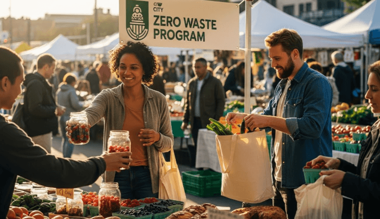 A diverse group of people filling reusable containers at a sunny outdoor farmers market featuring municipal zero waste program signs.