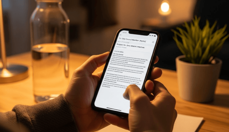 Hands holding smartphone composing email to city council member about zero waste initiatives, tidy desk with reusable water bottle and plant, warm lighting