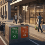 Wide-angle view of modern city street with clearly marked compost, recycling, and landfill bins with pictorial guides, bike lane with cargo bikes, bulk food store with glass windows, people carrying reusable bags naturally, golden hour lighting