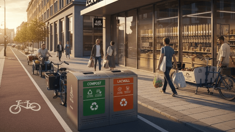 Wide-angle view of modern city street with clearly marked compost, recycling, and landfill bins with pictorial guides, bike lane with cargo bikes, bulk food store with glass windows, people carrying reusable bags naturally, golden hour lighting