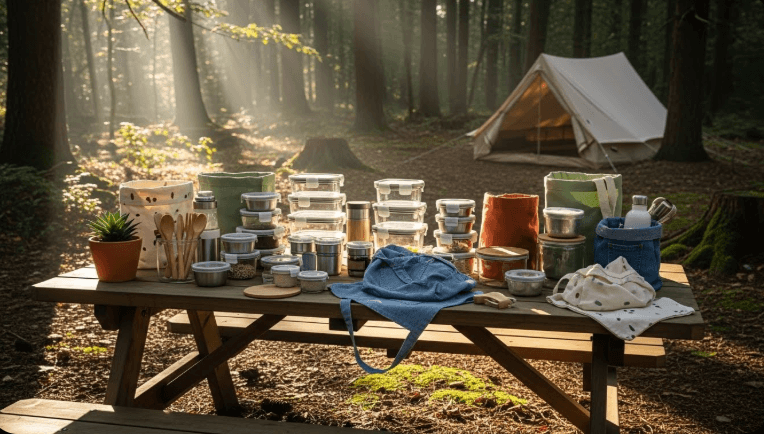 A pristine forest campsite with reusable containers and cloth bags neatly organized on a wooden picnic table, morning sunlight filtering through trees