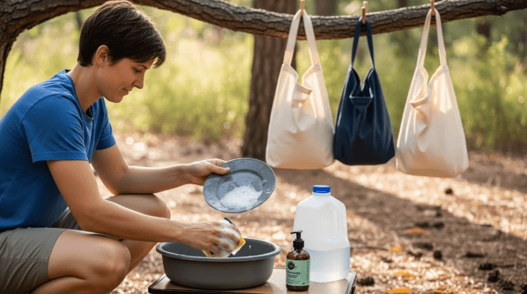 A camper washing dishes outdoors using a basin and biodegradable soap, with reusable cloth bags hanging from a tree branch in the background