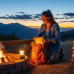 A happy camper kneeling beside a campfire circle, packing the last items into a backpack at a clean campsite with no visible trash, mountains in the background at sunset