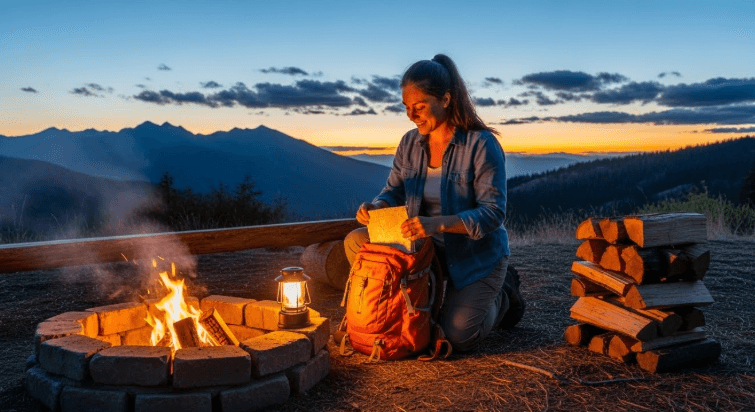 A happy camper kneeling beside a campfire circle, packing the last items into a backpack at a clean campsite with no visible trash, mountains in the background at sunset