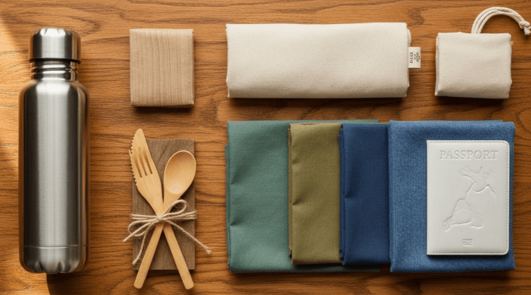 Overhead flat lay of eco-friendly travel essentials on a wooden surface - reusable water bottle, bamboo utensils, cloth bags, and a passport