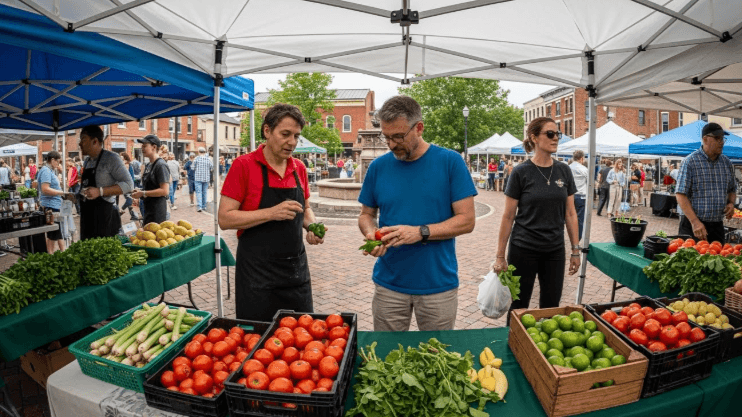 Vibrant local farmers market scene with fresh produce displayed in reusable baskets and minimal packaging