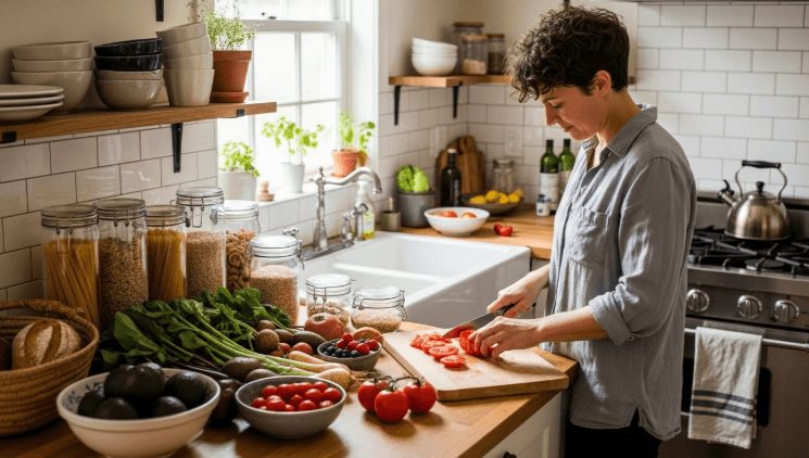 Cozy airbnb kitchen with reusable containers, fresh local produce on counter, and person preparing a simple meal