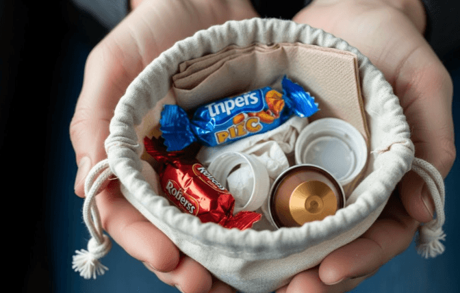 Hands holding a small cloth pouch containing minimal travel waste - perhaps a few wrappers and items ready to be properly recycled