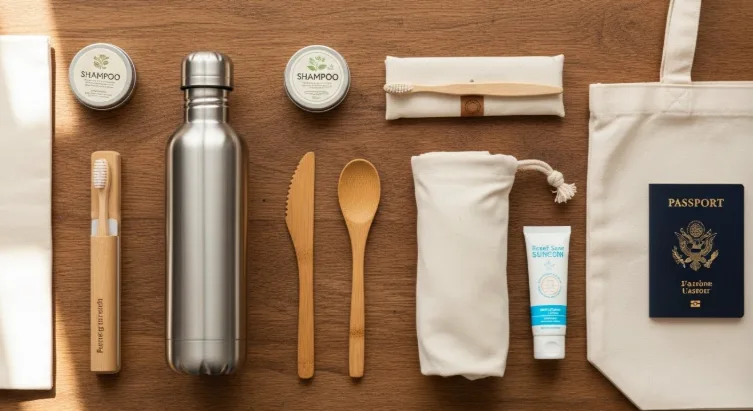 Overhead flat lay of eco-friendly travel essentials on a wooden surface - reusable water bottle, bamboo utensils, cloth bags, and a passport