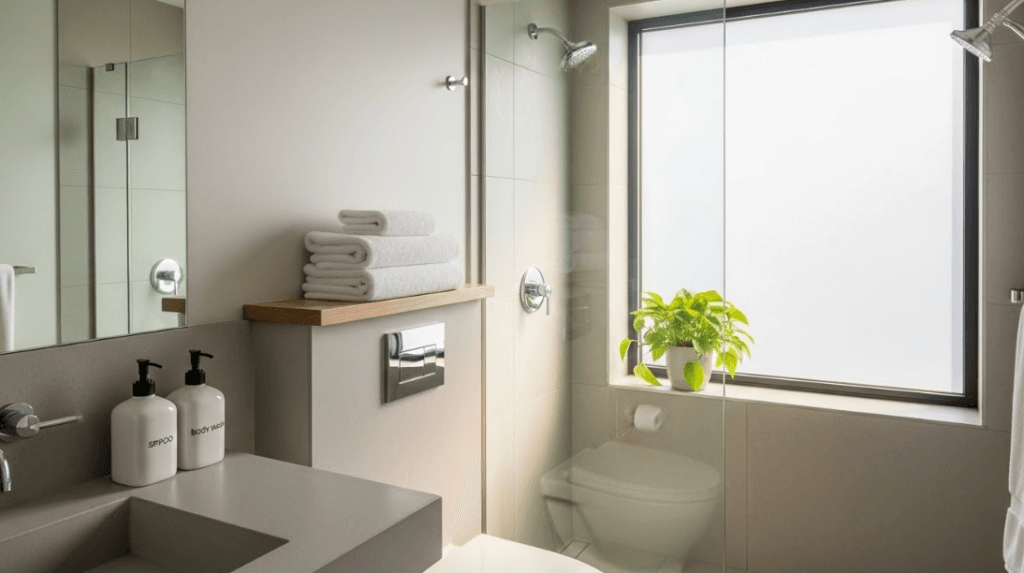 A modern, minimalist hotel bathroom with ceramic pump dispensers labeled 'shampoo' and 'body wash,' white cotton towels folded on a wooden shelf, and a small potted plant near a window with natural light streaming in]