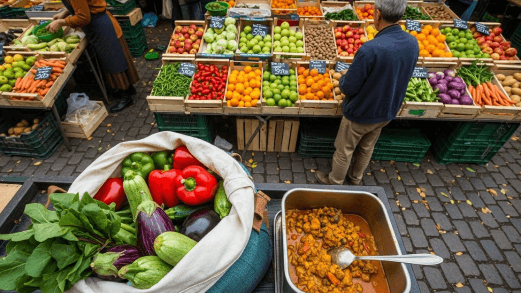 An overhead view of a colorful outdoor market with a traveler's cloth bag filled with fresh vegetables, a metal container holding prepared food, and vendors in the background arranging produce in wooden crates without plastic packagin