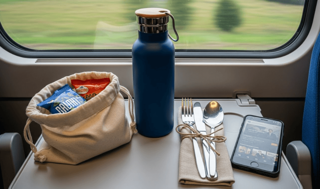A train seat tray table with a reusable insulated water bottle, a cloth bag containing snacks, metal utensils tied with a cloth napkin, and a smartphone showing downloaded content, with blurred scenery visible through the window]