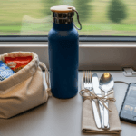 A train seat tray table with a reusable insulated water bottle, a cloth bag containing snacks, metal utensils tied with a cloth napkin, and a smartphone showing downloaded content, with blurred scenery visible through the window