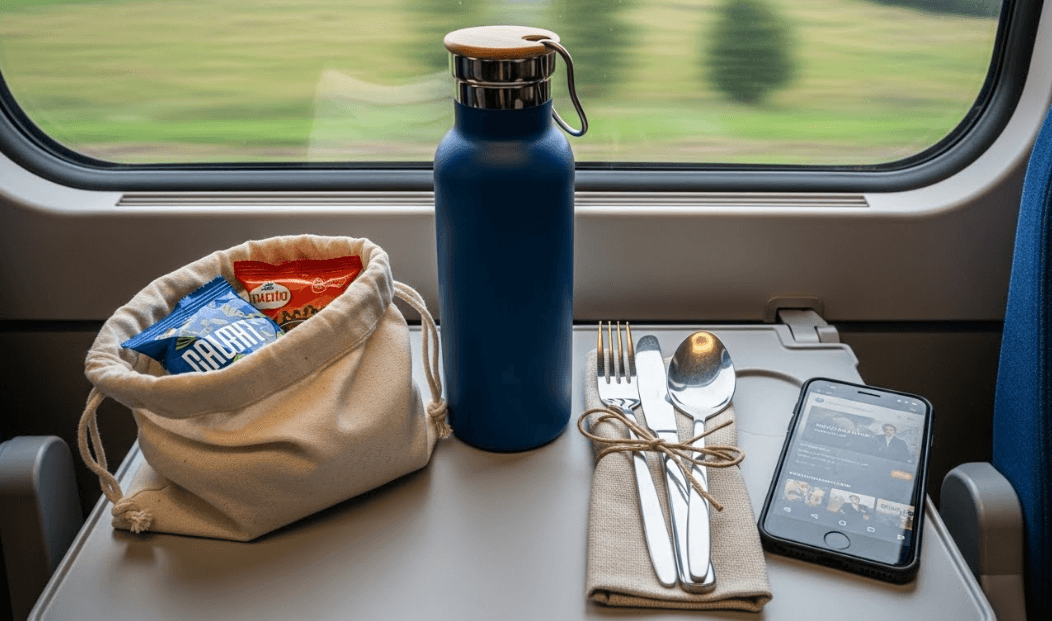 A train seat tray table with a reusable insulated water bottle, a cloth bag containing snacks, metal utensils tied with a cloth napkin, and a smartphone showing downloaded content, with blurred scenery visible through the window