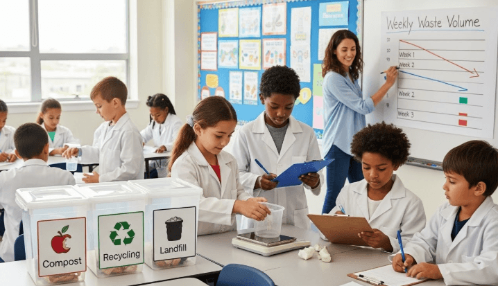 A diverse elementary classroom with three transparent sorting bins labeled with colorful picture icons—students in lab coats measuring waste on a scale as part of zero waste curriculum while their teacher records data on a whiteboard chart showing downward-trending waste volumes over three weeks