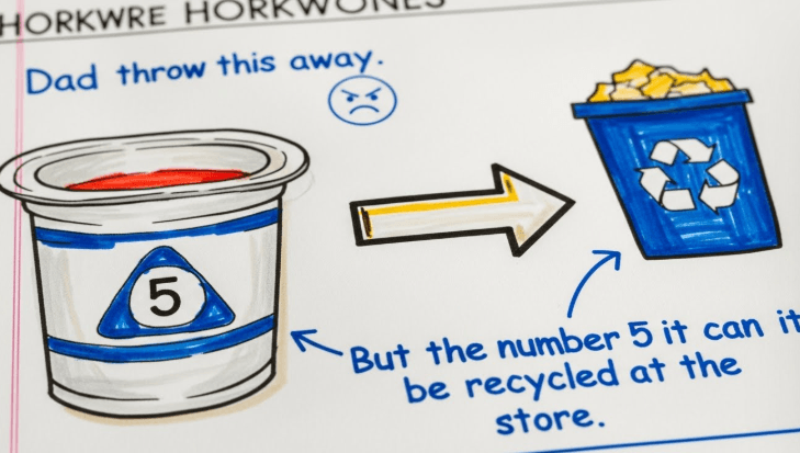 Close-up of a student's homework drawing for zero waste education program showing a plastic yogurt container with an arrow pointing to a recycling bin, surrounded by hand-written notes explaining "Dad threw this away but the number 5 means it can be recycled at the store