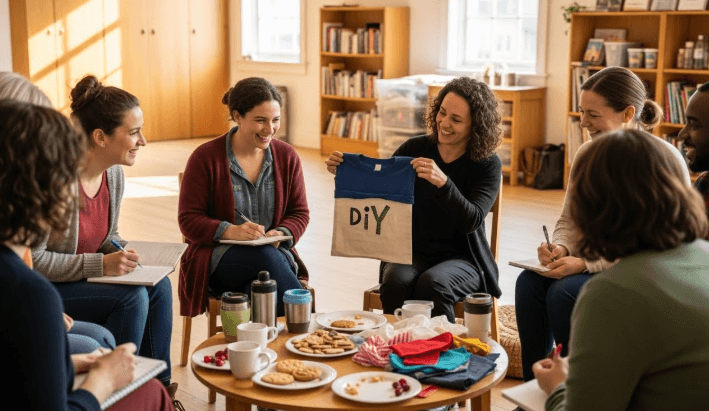 A diverse group of adults at community zero waste workshop sitting in a casual circle at a community center, examining reusable produce bags made from old t-shirts, with one participant holding up a DIY bag while others take notes and laugh together—coffee mugs and snacks visible on a central table