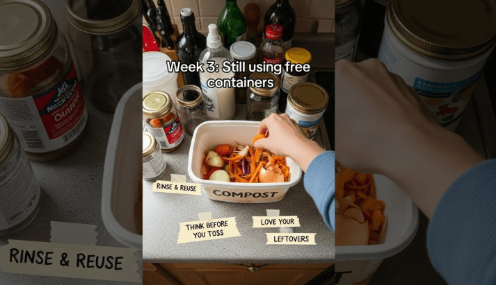 A smartphone screen showing a TikTok-style video of someone's cluttered kitchen counter with mismatched containers, a hand placing vegetable scraps into an old ice cream tub labeled "compost" with masking tape showing zero waste education tips, text overlay reading "Week 3: Still using free containers