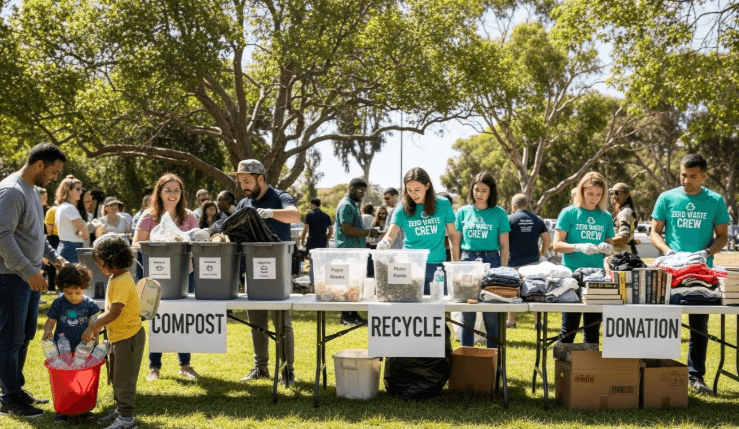 Diverse community members at outdoor zero waste event sorting items at tables