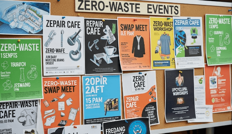 Community bulletin board with colorful flyers for repair cafes and swap meets