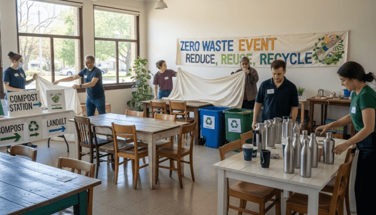 Volunteers arranging tables and chairs at community center for zero waste event