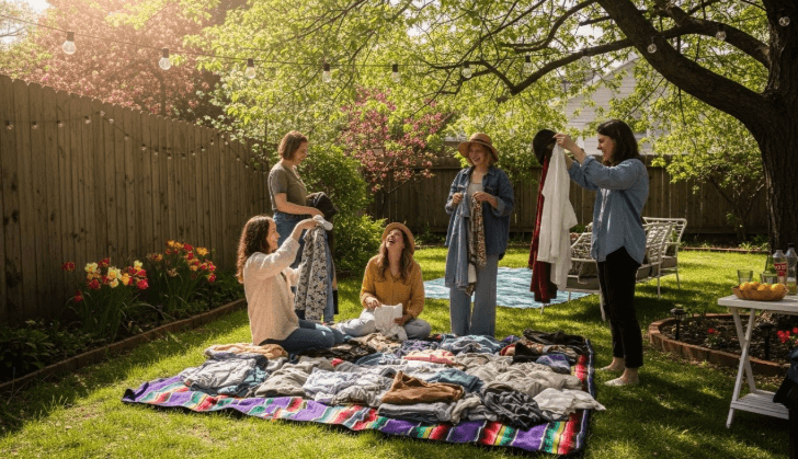 Small group at backyard clothing swap with folded clothes on blanket
