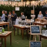 Small casual zero waste event with mismatched tables and handmade signs