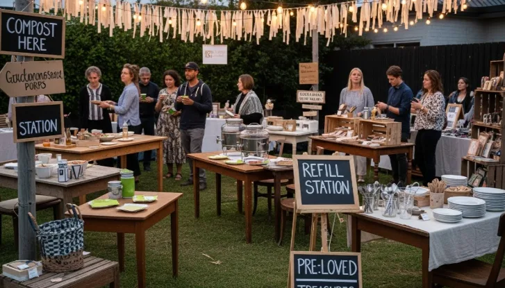 Small casual zero waste event with mismatched tables and handmade signs